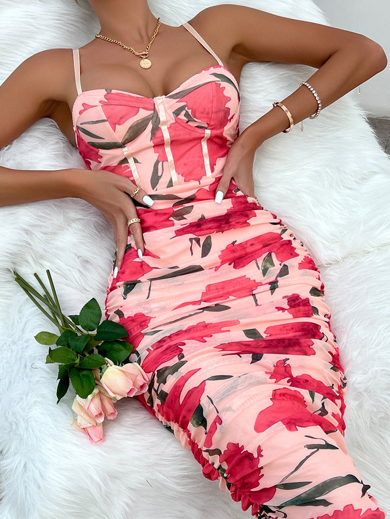 Sexy Low-Cut Printed Mesh Cami Dress with Ruffled Vintage Pleats