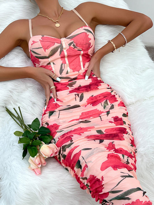 Sexy Low-Cut Printed Mesh Cami Dress with Ruffled Vintage Pleats