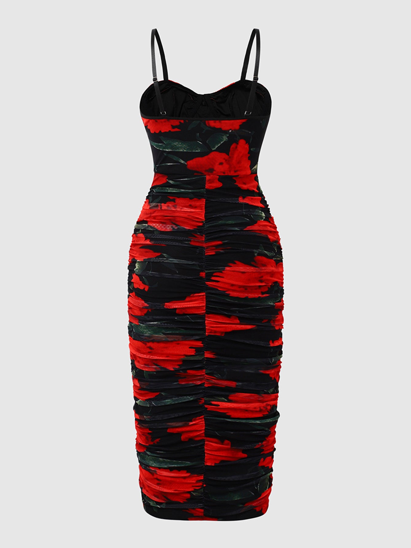 Sexy Low-Cut Printed Mesh Cami Dress with Ruffled Vintage Pleats