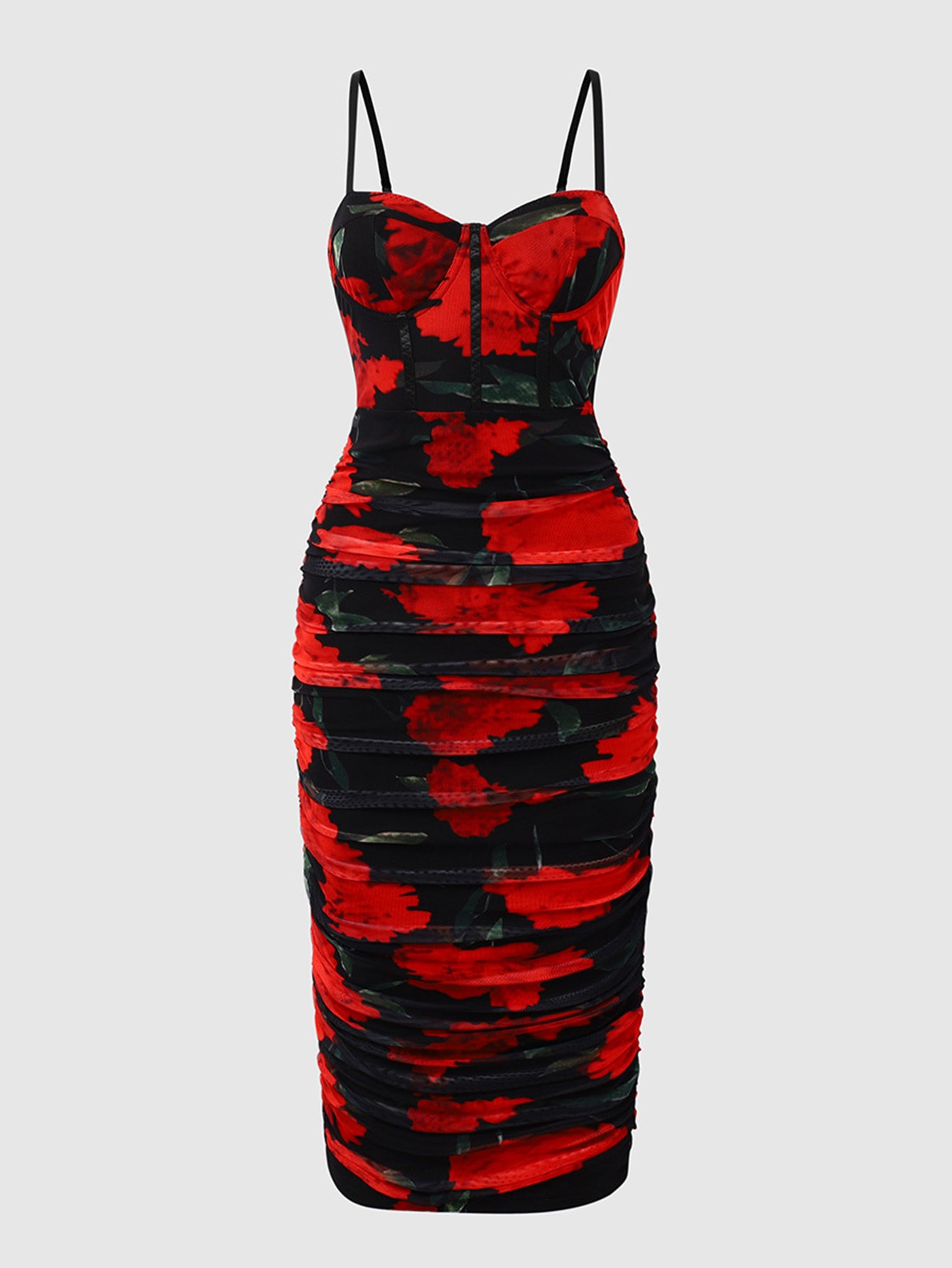 Sexy Low-Cut Printed Mesh Cami Dress with Ruffled Vintage Pleats