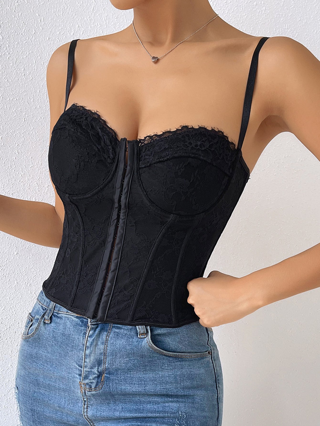 Pink Lace Hook & Eye Lace Back Strap Bustier Corset