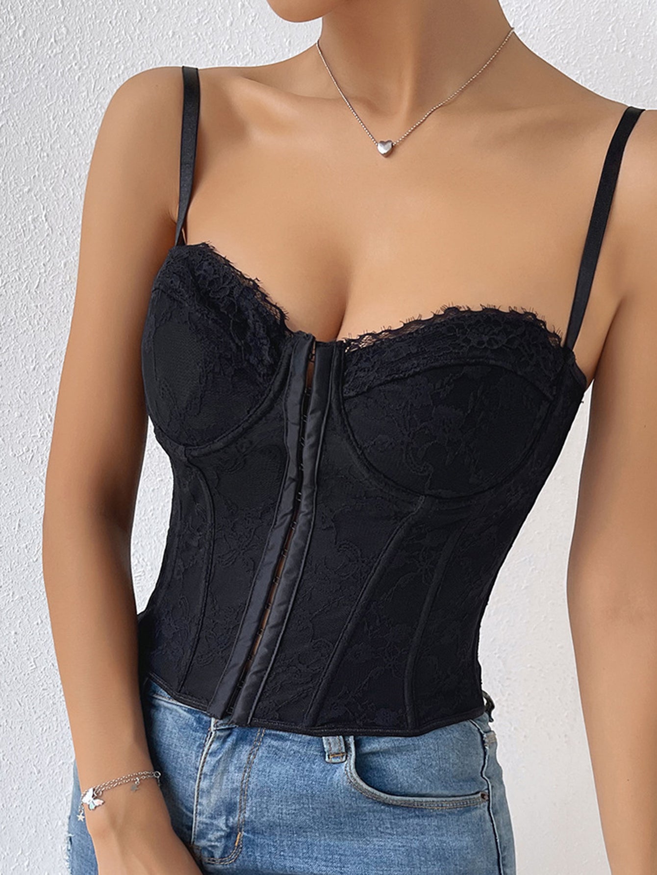 Pink Lace Hook & Eye Lace Back Strap Bustier Corset