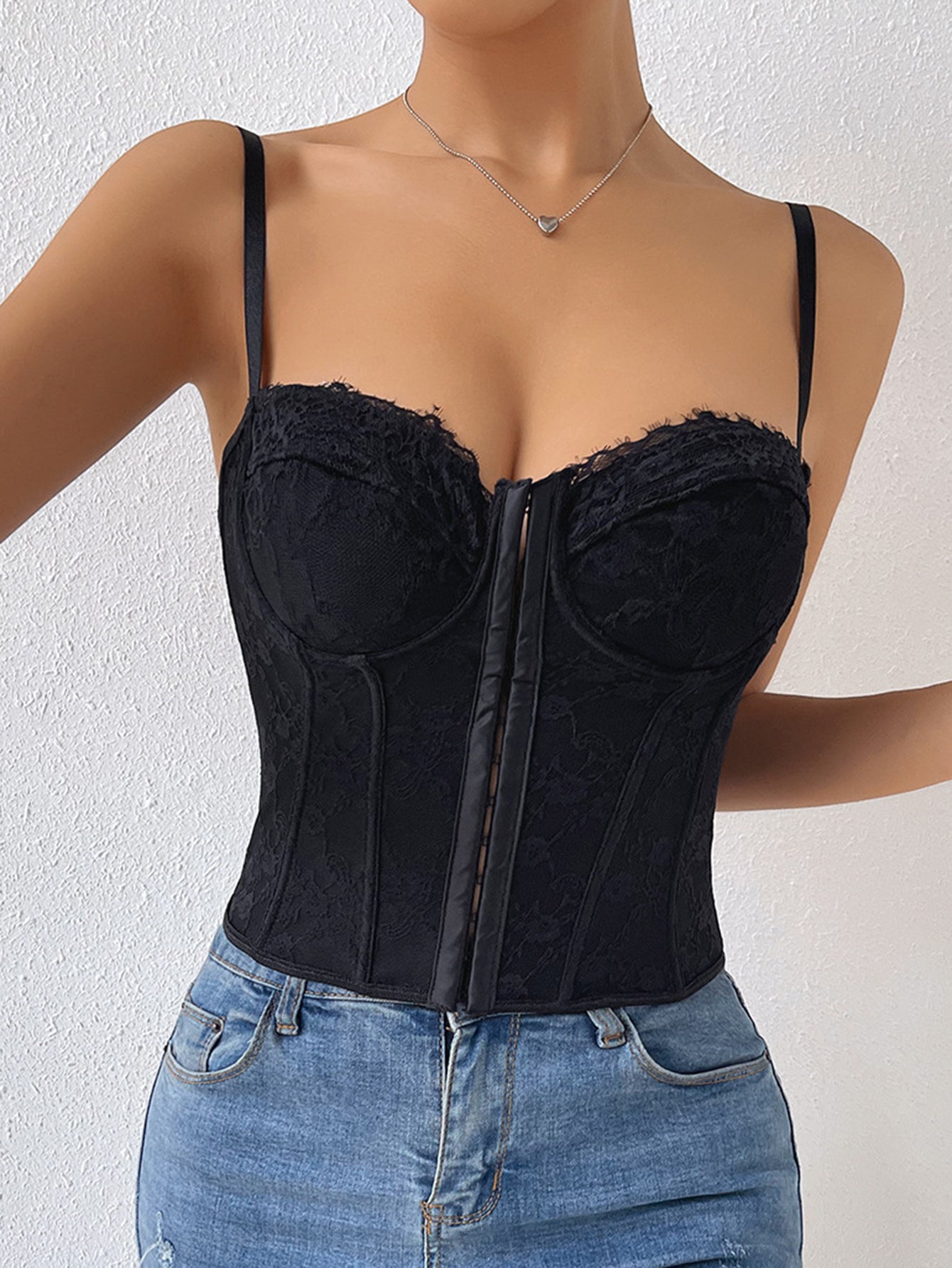 Pink Lace Hook & Eye Lace Back Strap Bustier Corset