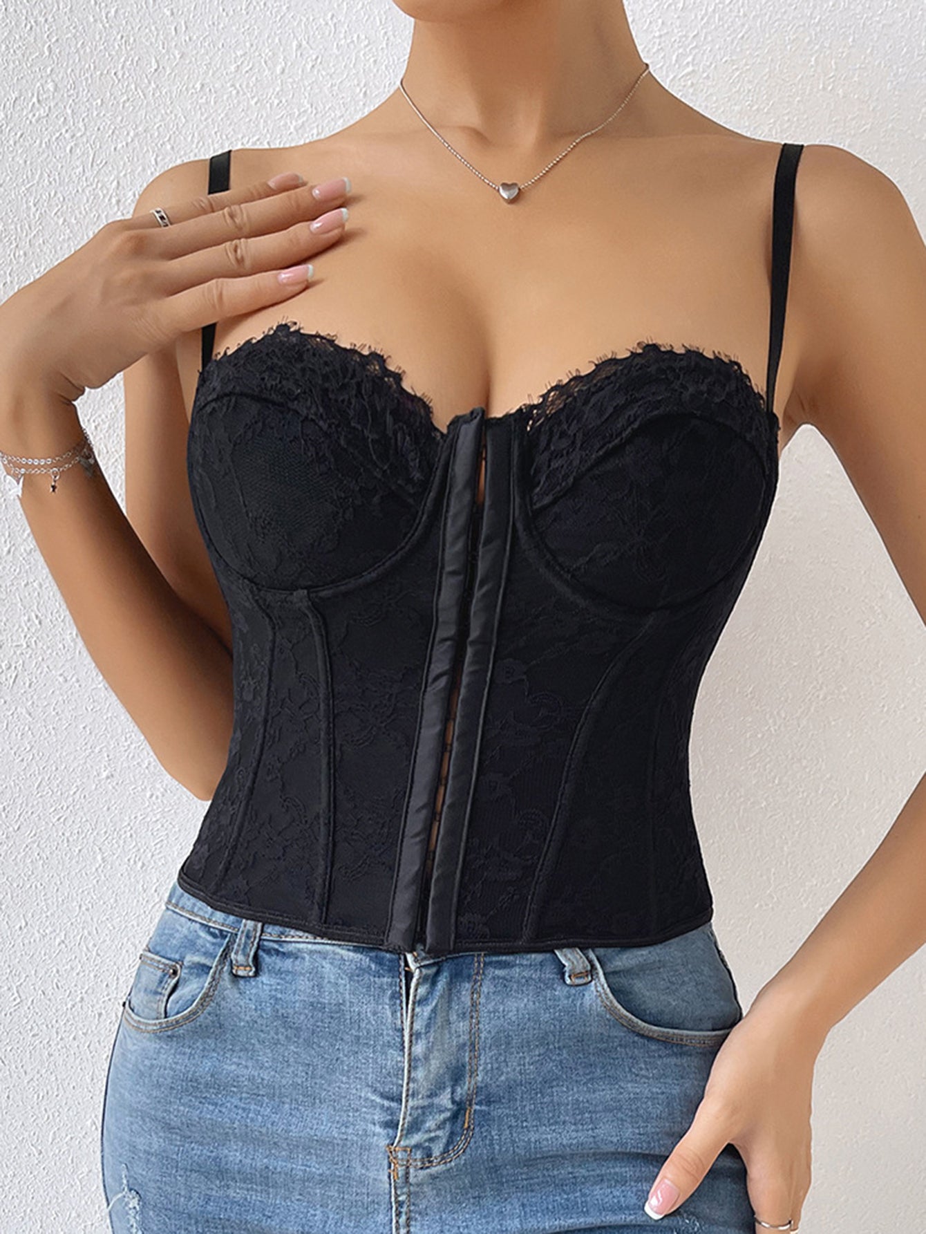 Pink Lace Hook & Eye Lace Back Strap Bustier Corset