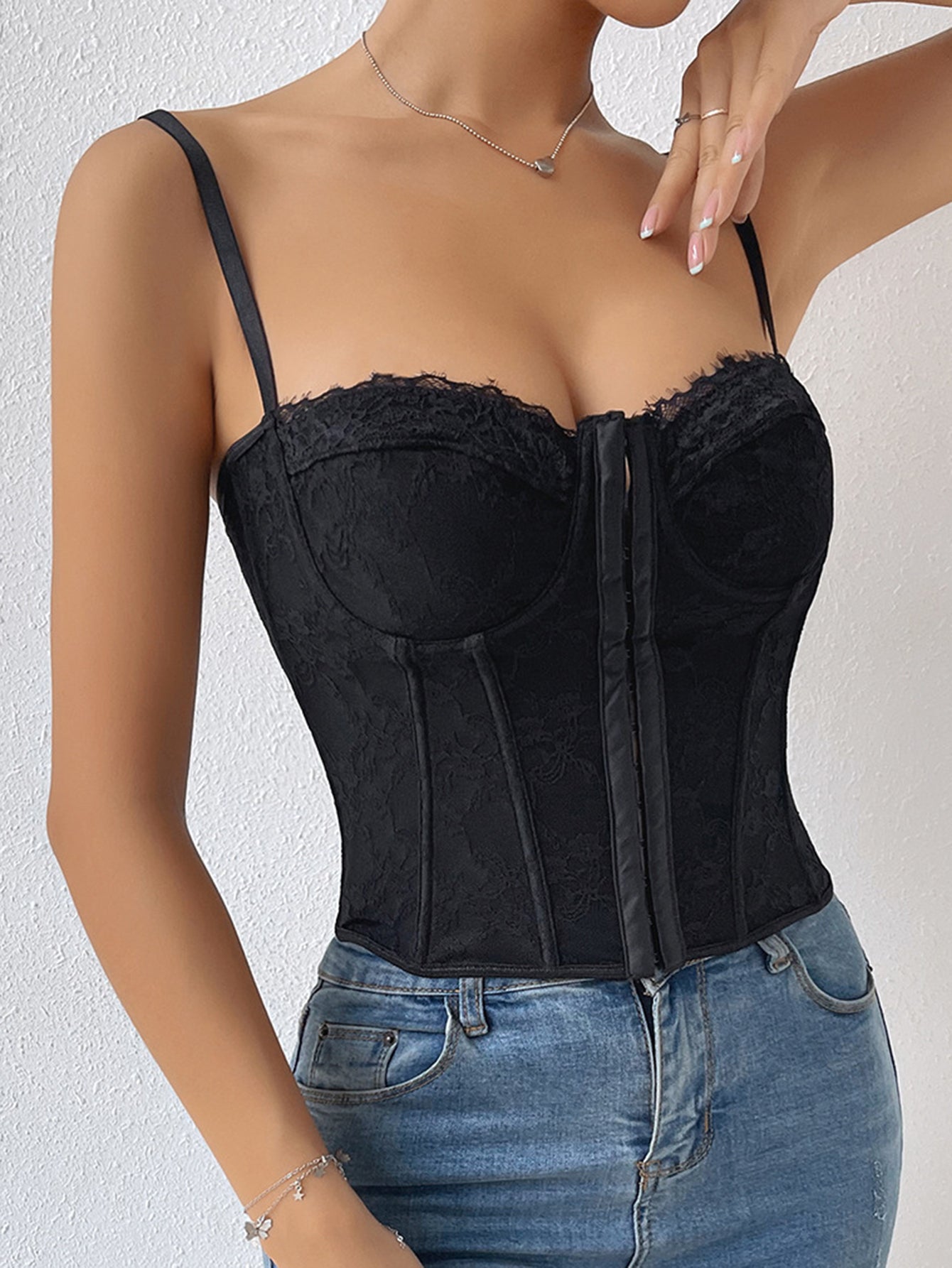 Pink Lace Hook & Eye Lace Back Strap Bustier Corset
