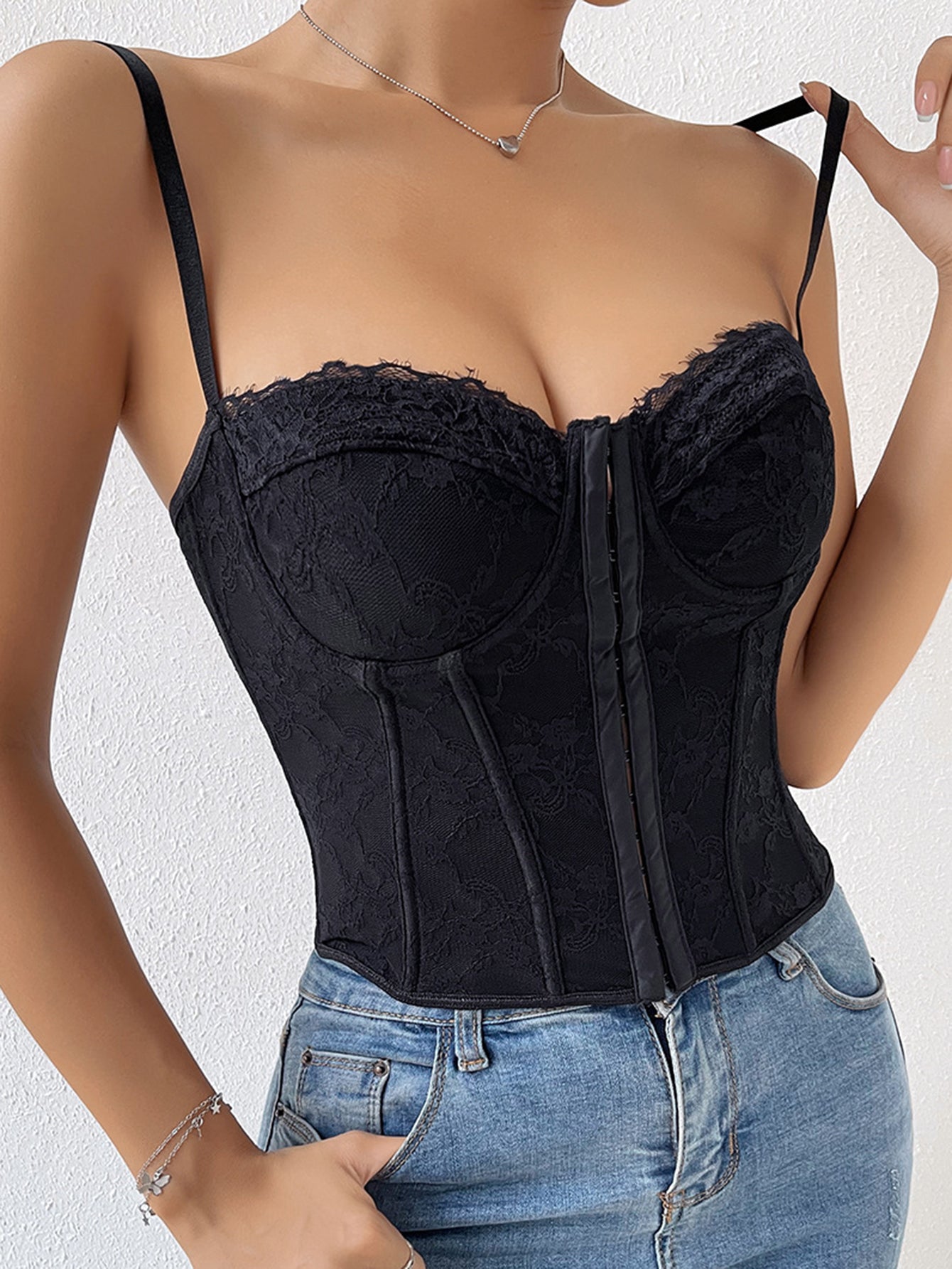 Pink Lace Hook & Eye Lace Back Strap Bustier Corset