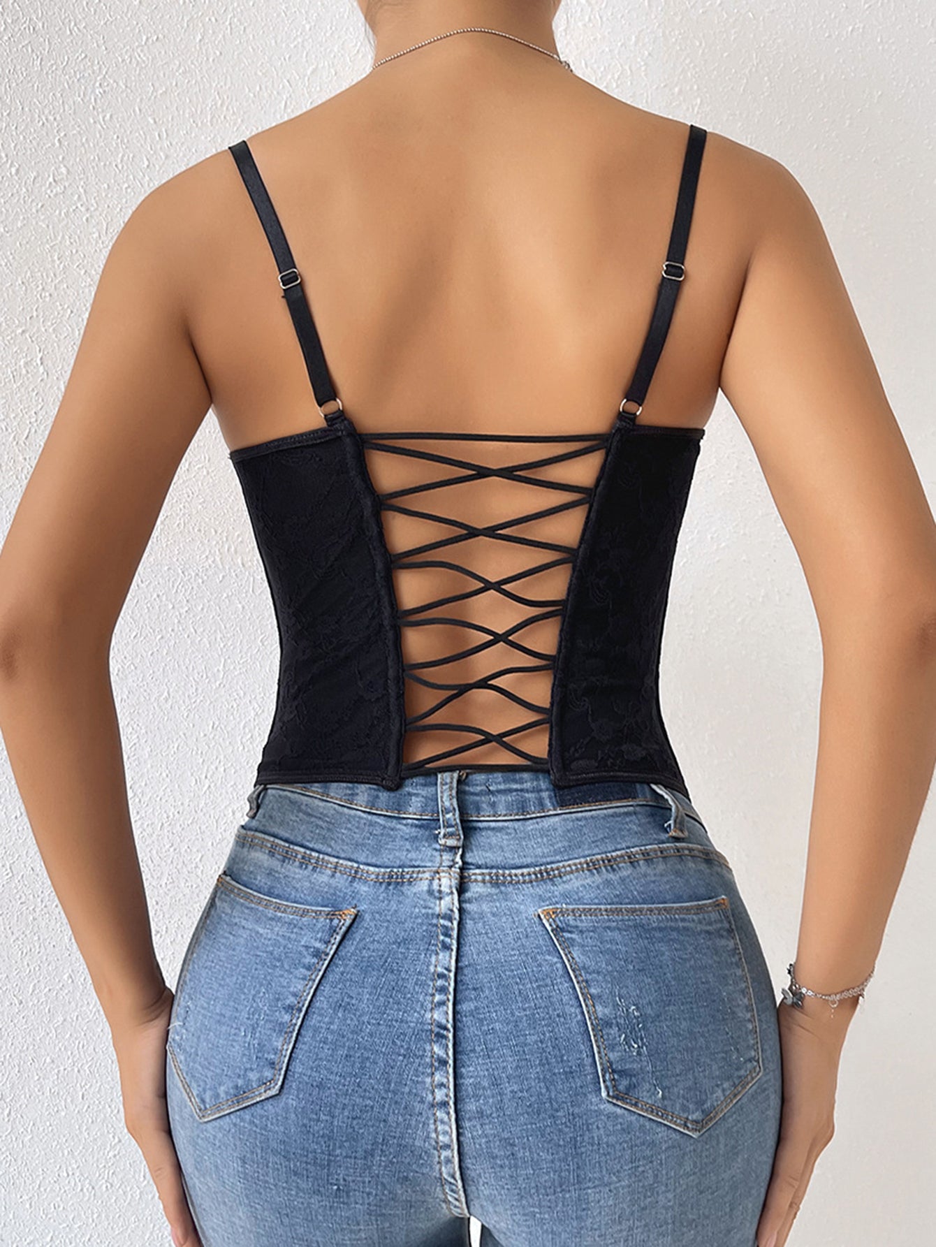 Pink Lace Hook & Eye Lace Back Strap Bustier Corset