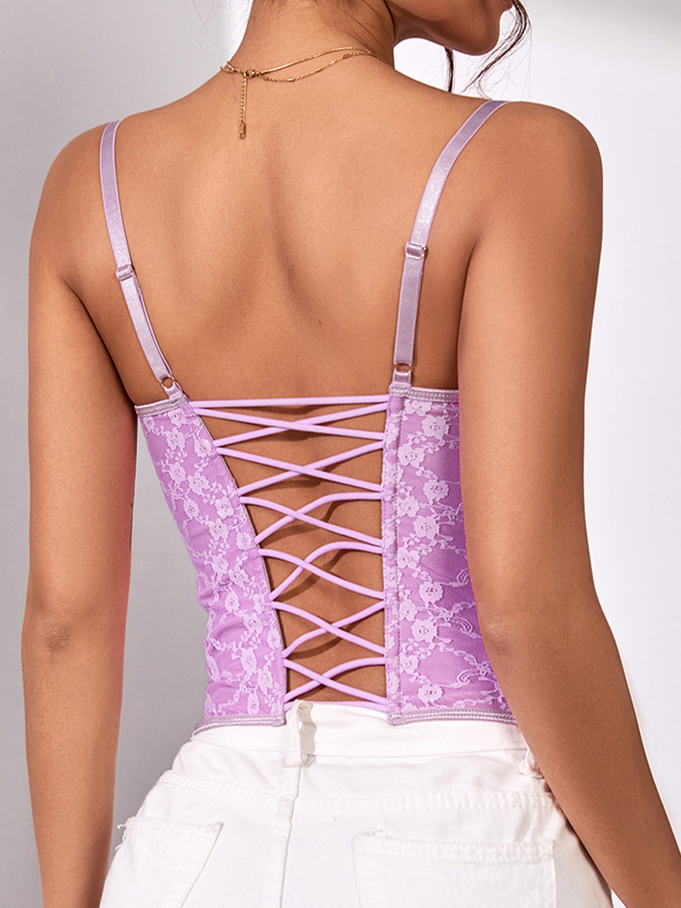 Pink Lace Hook & Eye Lace Back Strap Bustier Corset