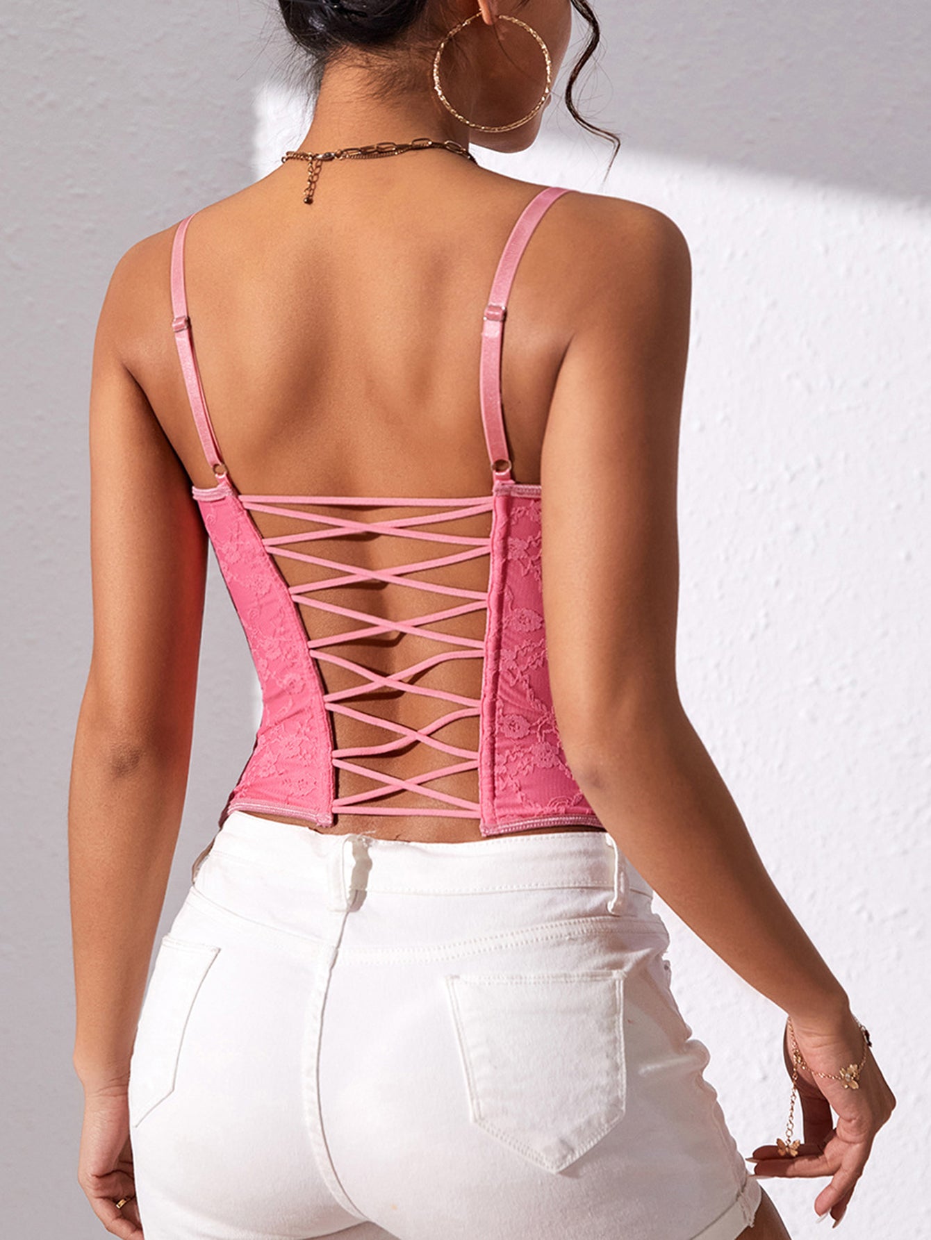Pink Lace Hook & Eye Lace Back Strap Bustier Corset