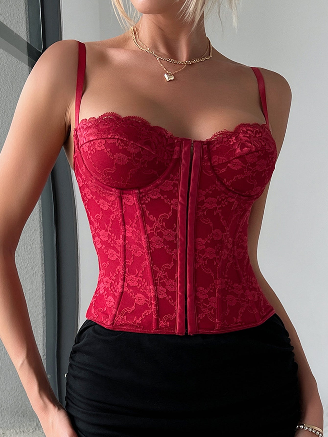 Pink Lace Hook & Eye Lace Back Strap Bustier Corset
