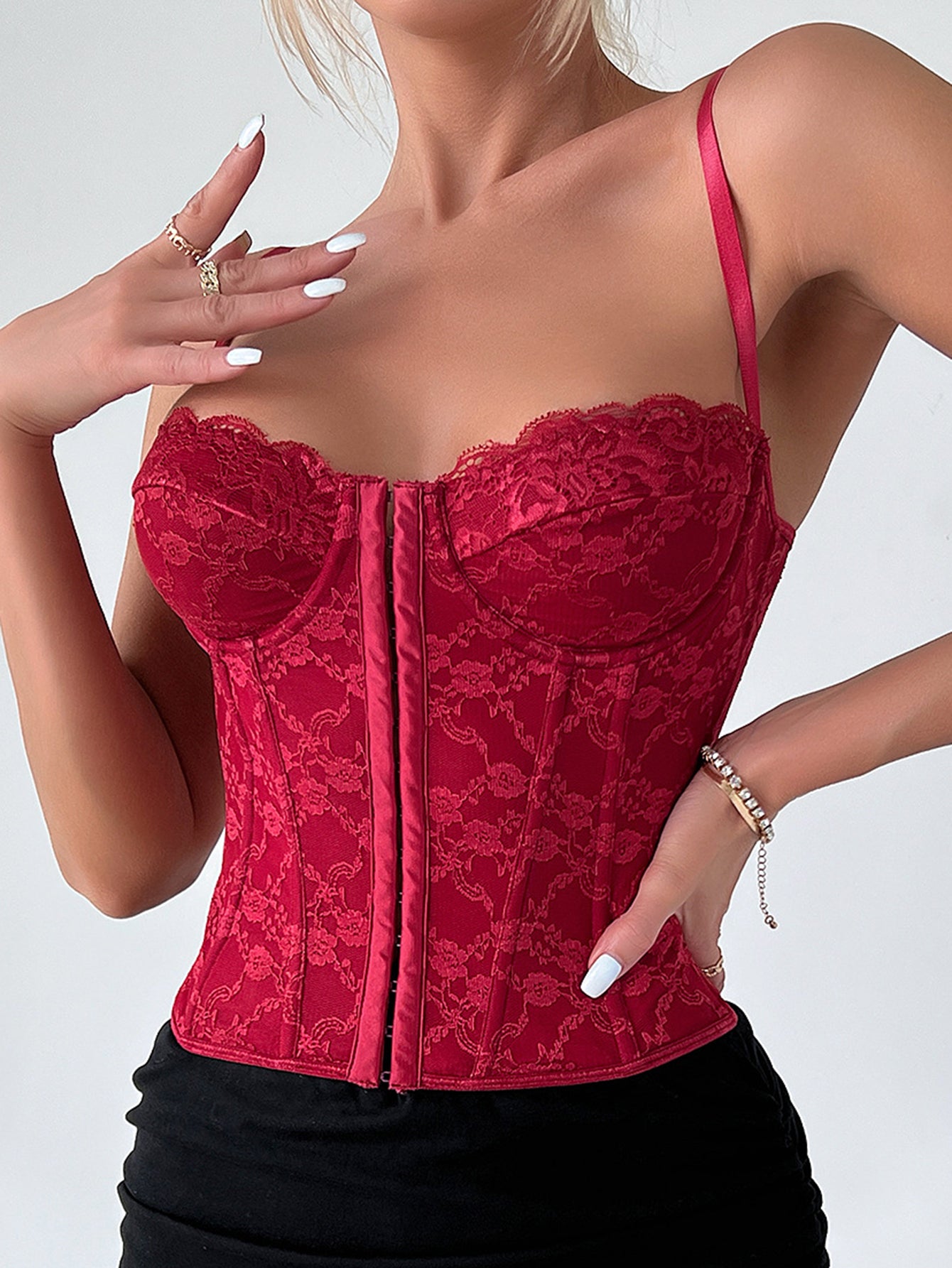 Pink Lace Hook & Eye Lace Back Strap Bustier Corset