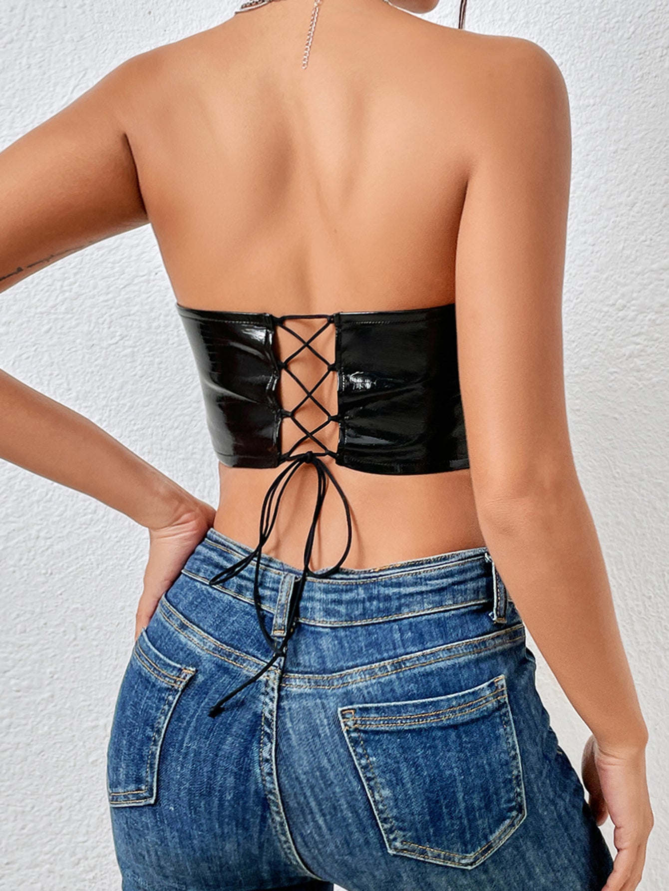 Lace-Up Shiny Black Leather Bustier Stylish Inspired Crop Top