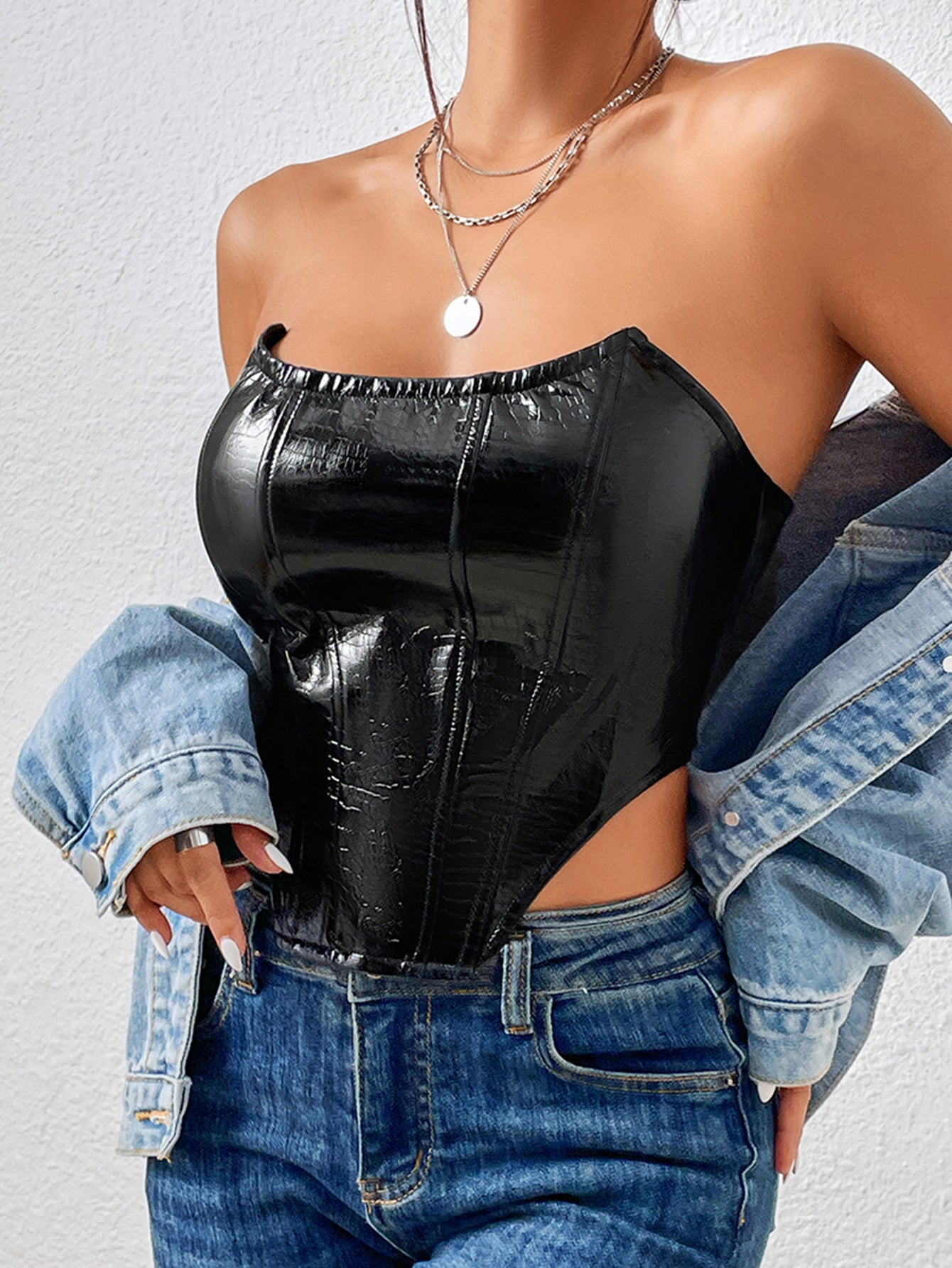 Lace-Up Shiny Black Leather Bustier Stylish Inspired Crop Top