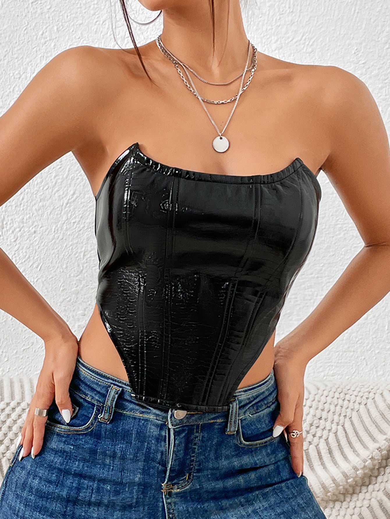 Lace-Up Shiny Black Leather Bustier Stylish Inspired Crop Top