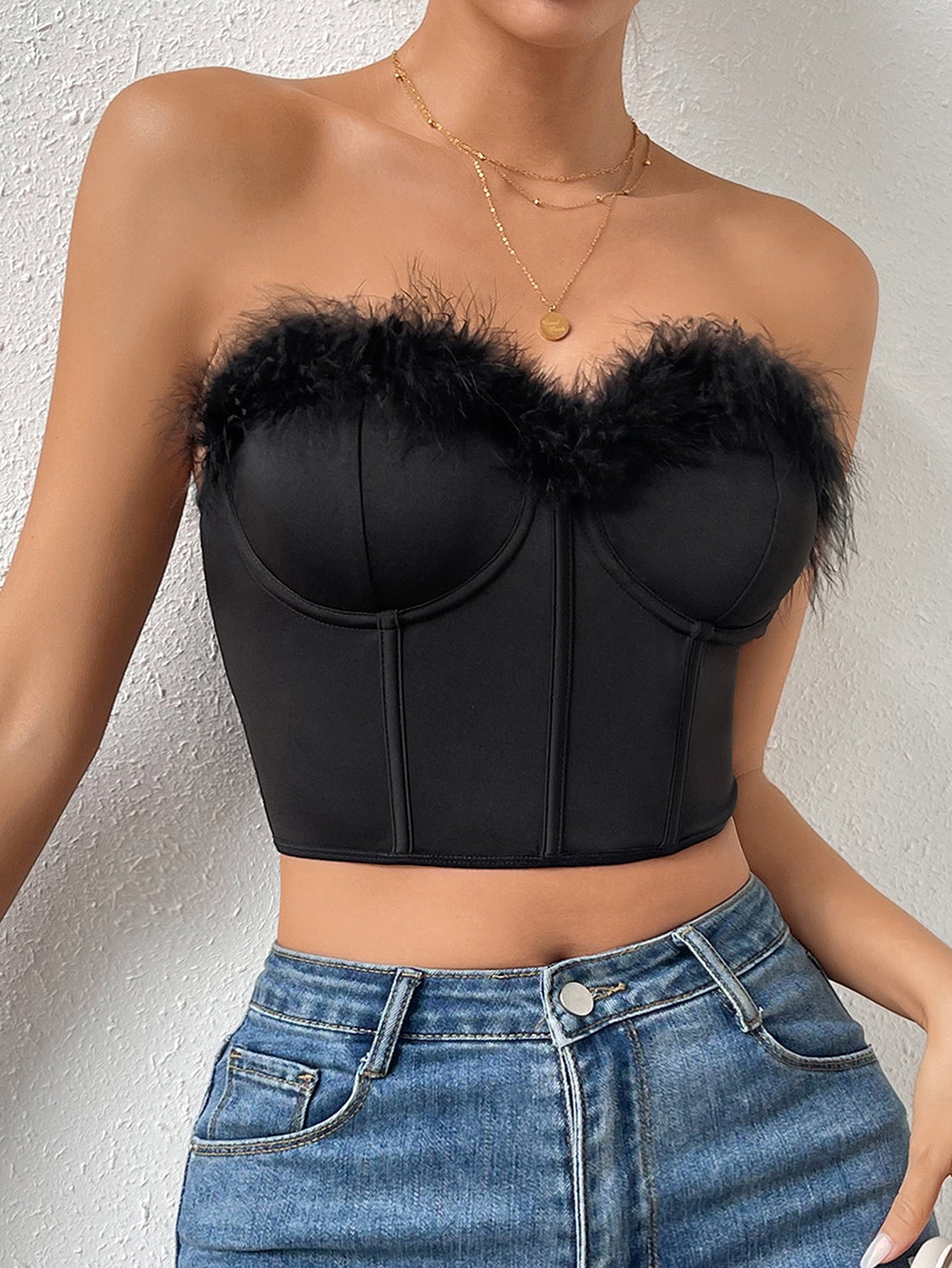 Feather Trim Buster Crop Top