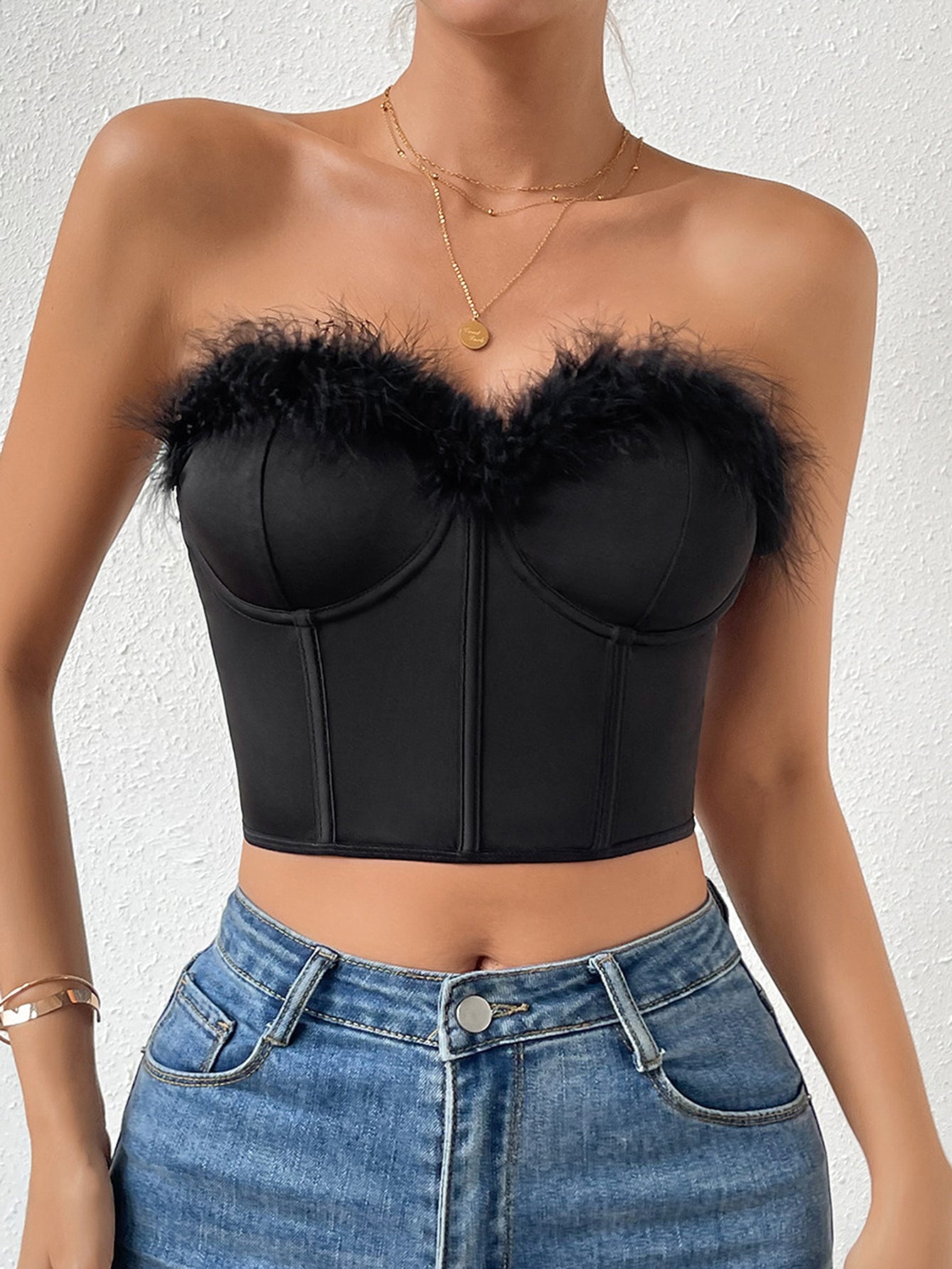Feather Trim Buster Crop Top