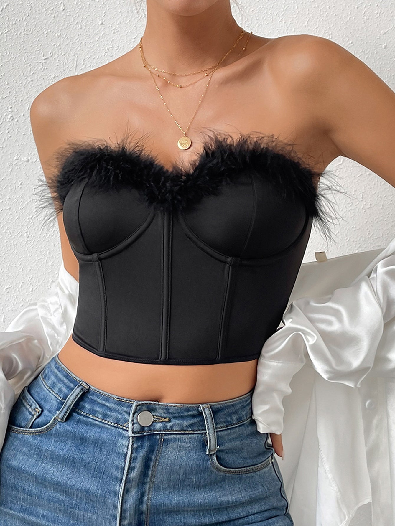 Feather Trim Buster Crop Top