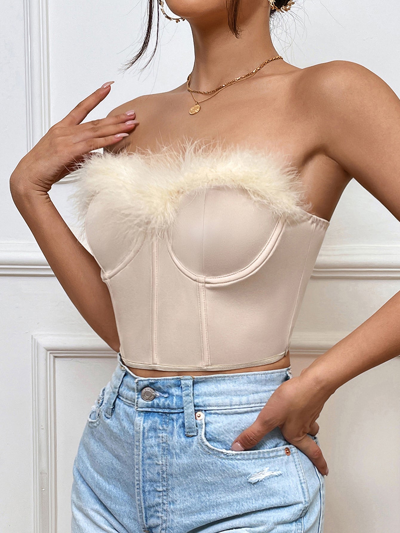 Feather Trim Buster Crop Top