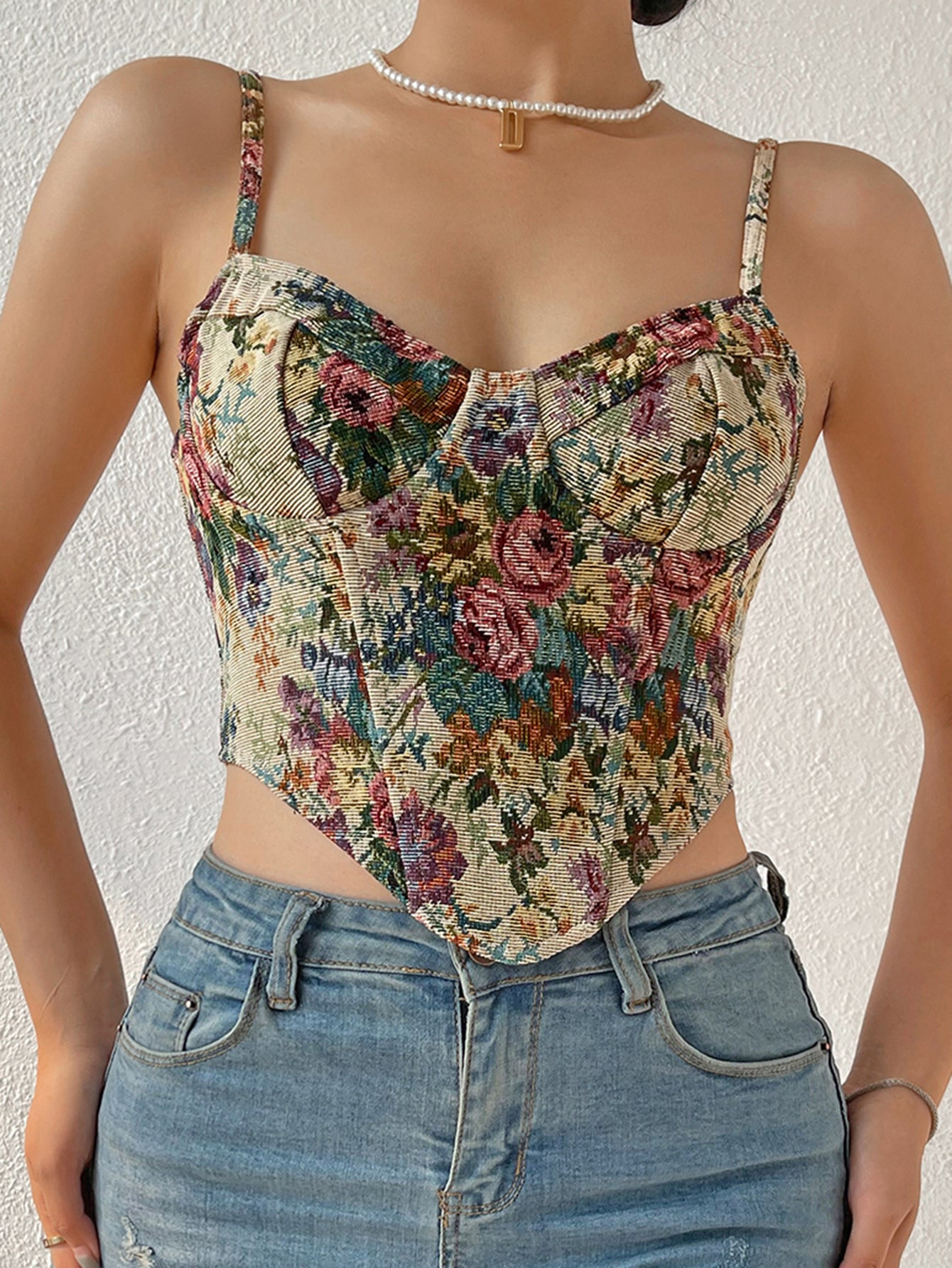 Retro Style Floral Digital Print Camisole Niche French Corset Top for Street Chic