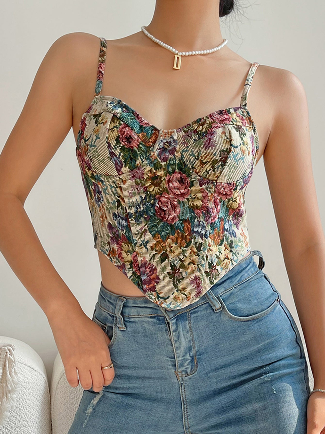 Retro Style Floral Digital Print Camisole Niche French Corset Top for Street Chic