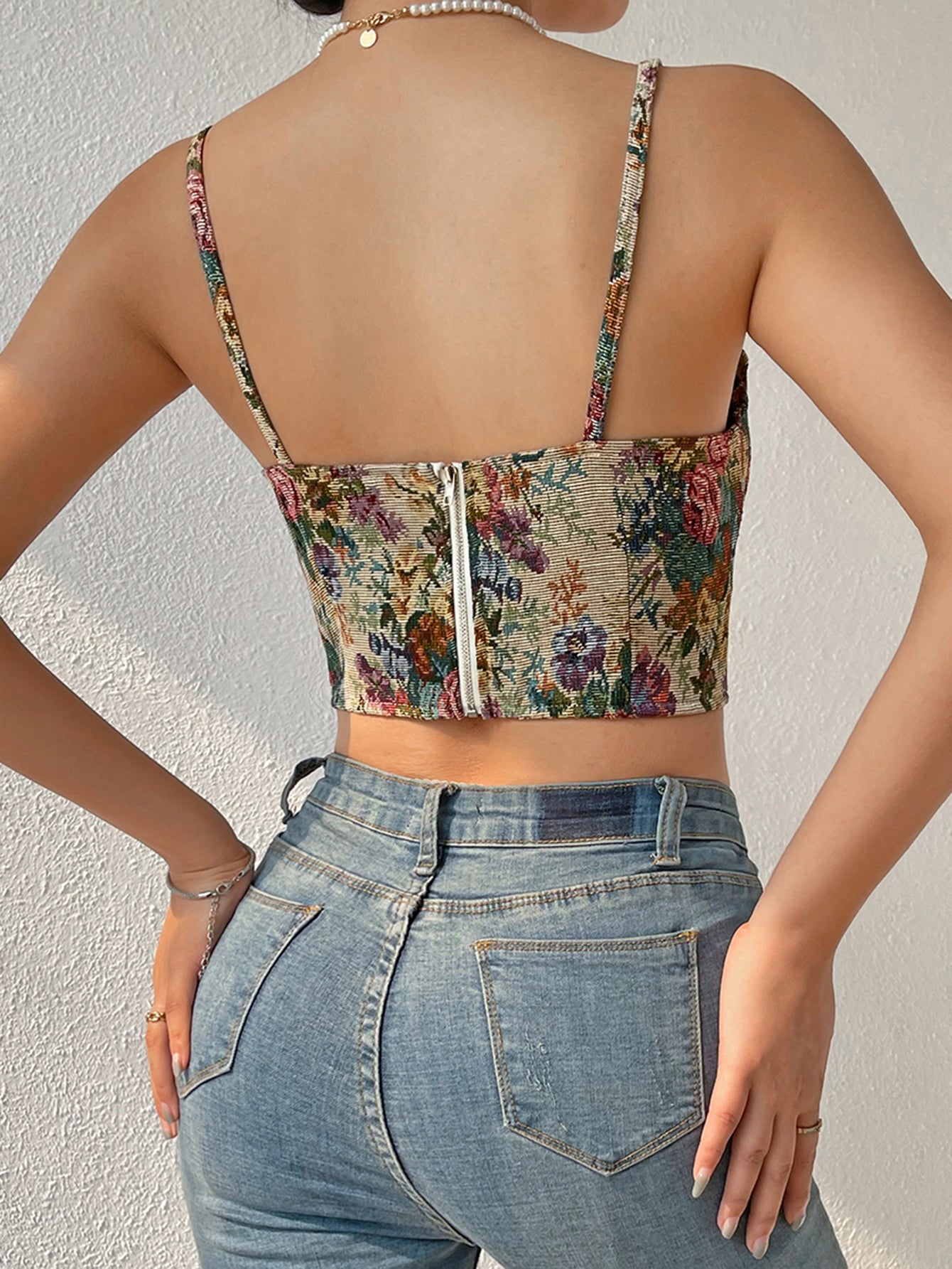 Retro Style Floral Digital Print Camisole Niche French Corset Top for Street Chic