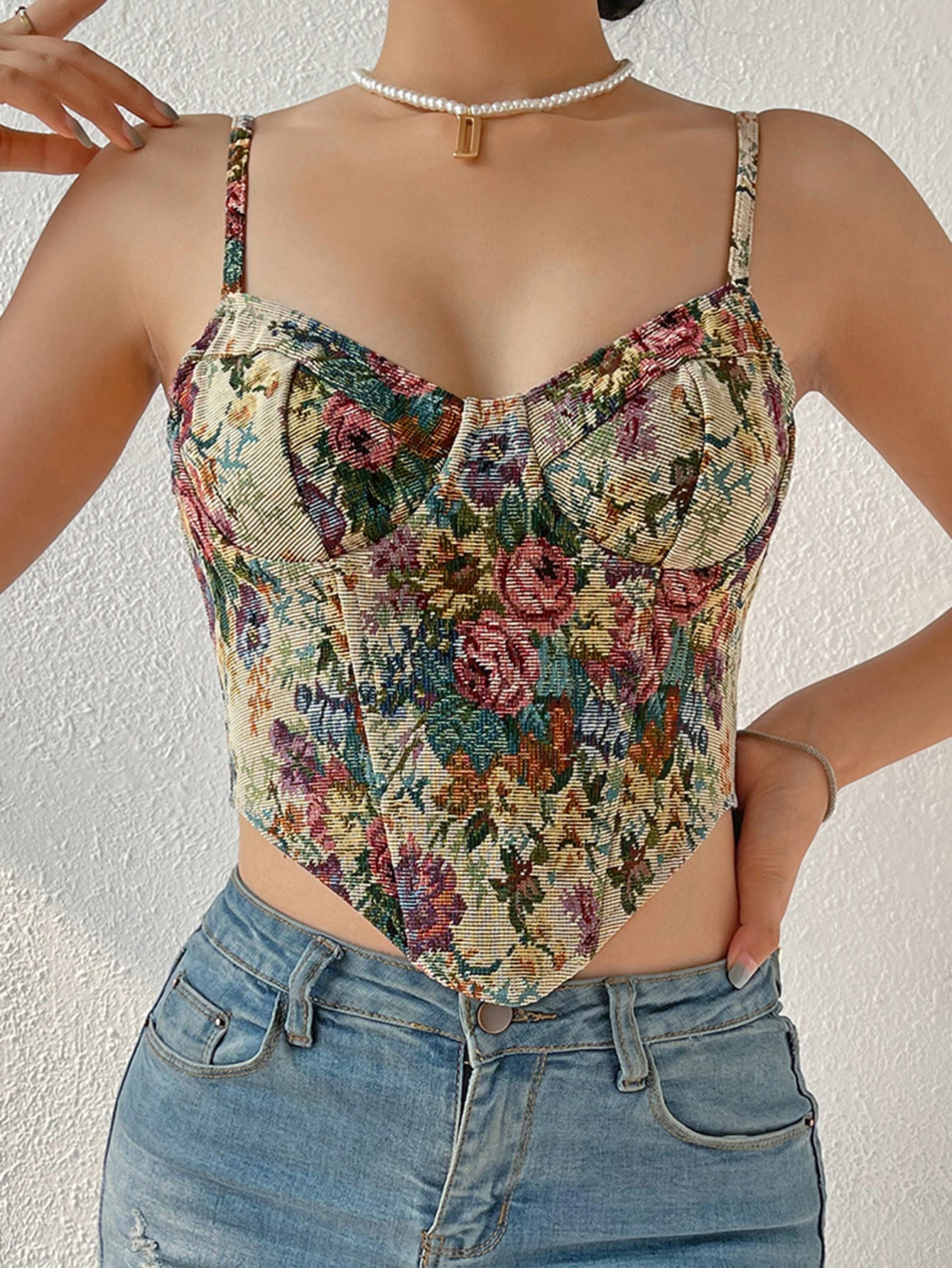 Retro Style Floral Digital Print Camisole Niche French Corset Top for Street Chic