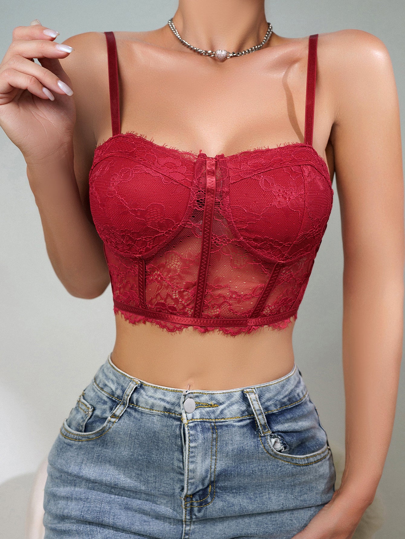 Hollow Sheer Waist Cincher Pure Seduction Style Sexy Lace Trim Thin Strap Camisole