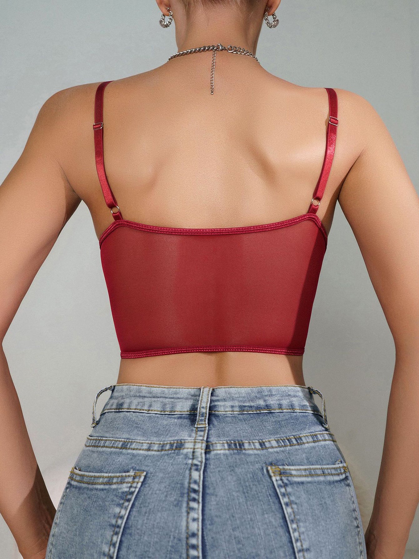 Hollow Sheer Waist Cincher Pure Seduction Style Sexy Lace Trim Thin Strap Camisole