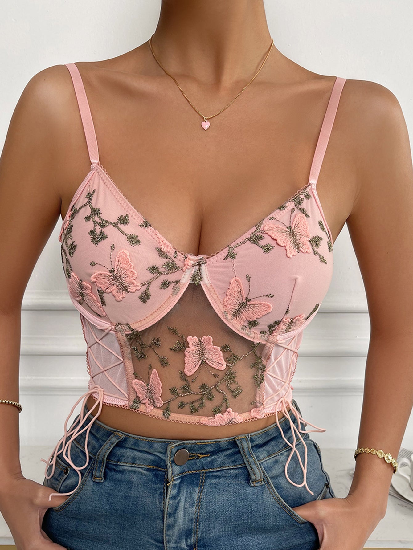 Butterfly Embroidery Mesh Bustier Top in Rose Pink