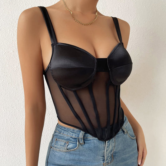 Mesh Fish Bone Bustier-Black