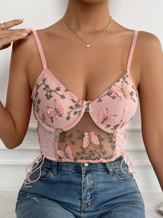 Butterfly Embroidery Mesh Bustier Top in Rose Pink