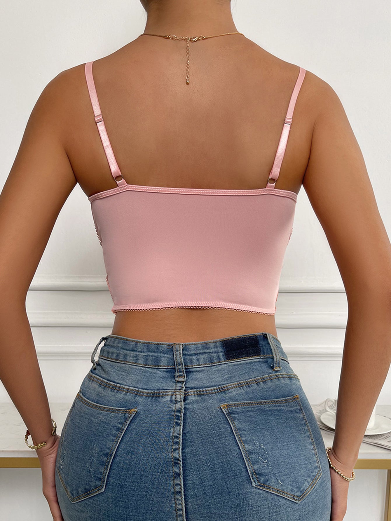 Butterfly Embroidery Mesh Bustier Top in Rose Pink