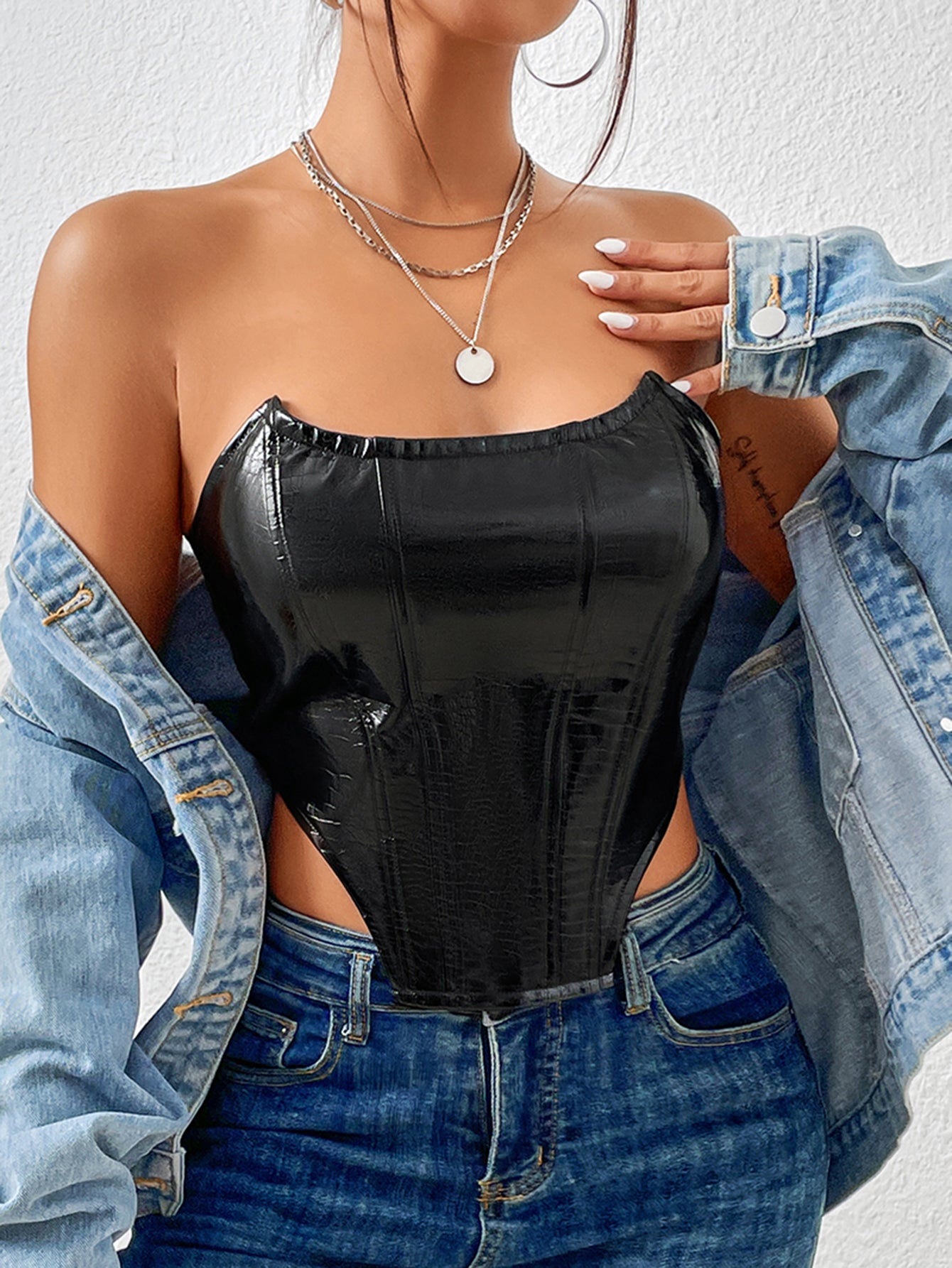 Lace-Up Shiny Black Leather Bustier Stylish Inspired Crop Top