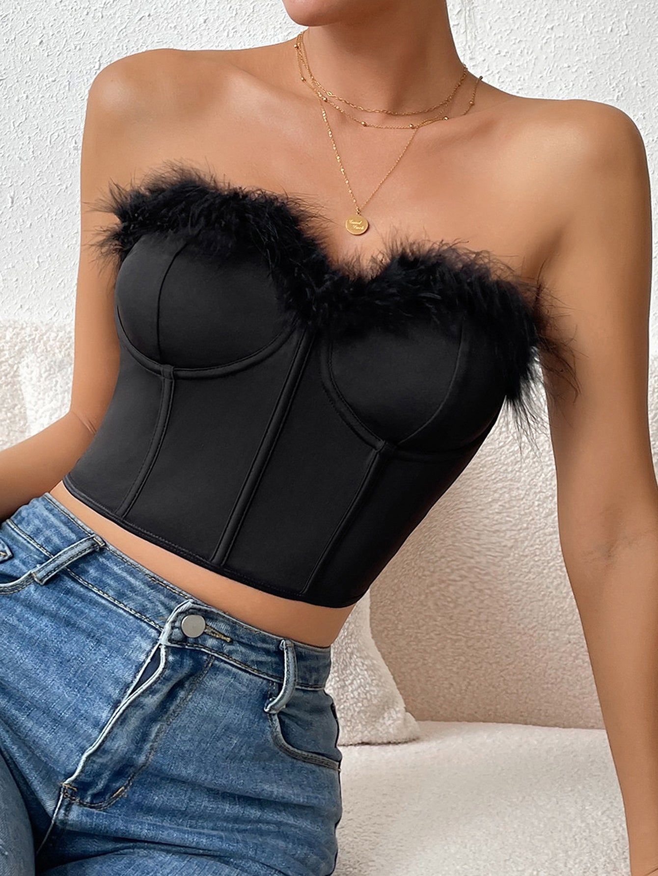 Feather Trim Buster Crop Top