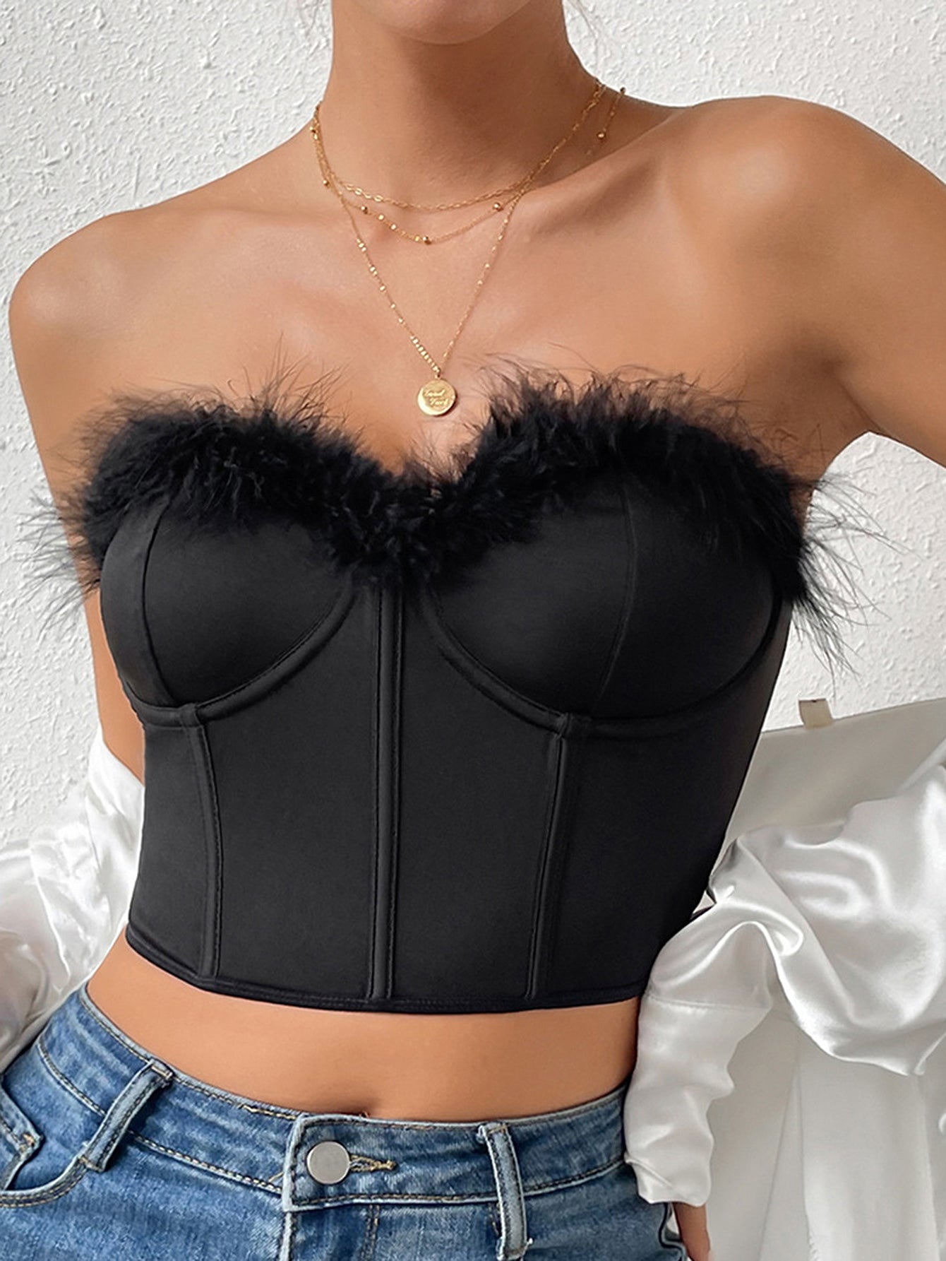Feather Trim Buster Crop Top