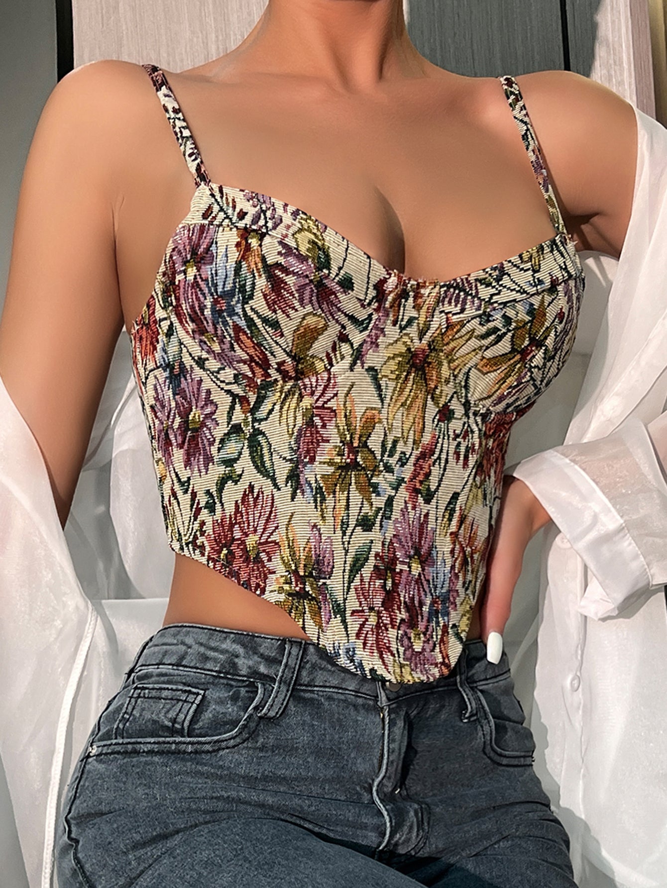 Retro Style Floral Digital Print Camisole Niche French Corset Top for Street Chic