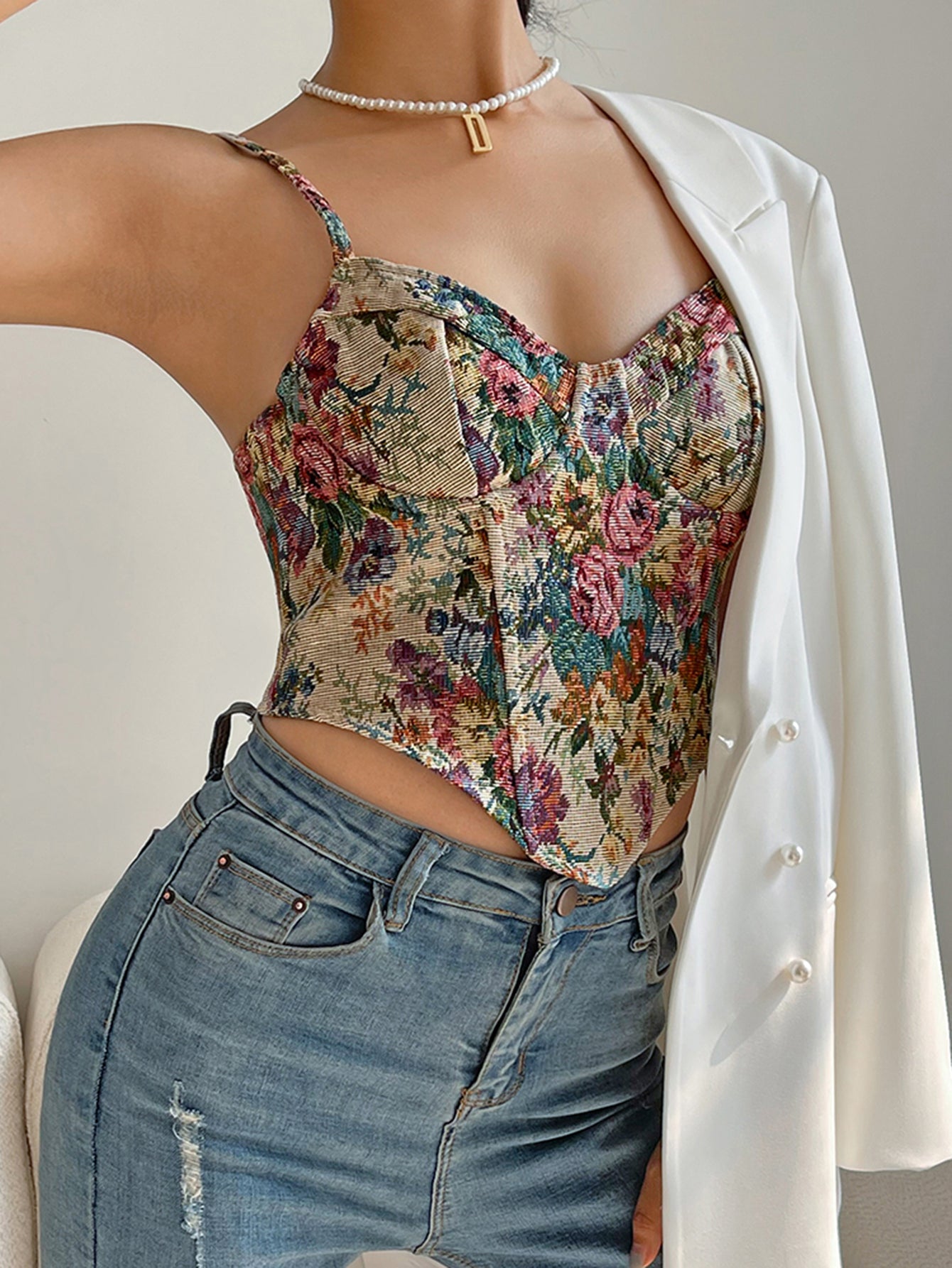 Retro Style Floral Digital Print Camisole Niche French Corset Top for Street Chic
