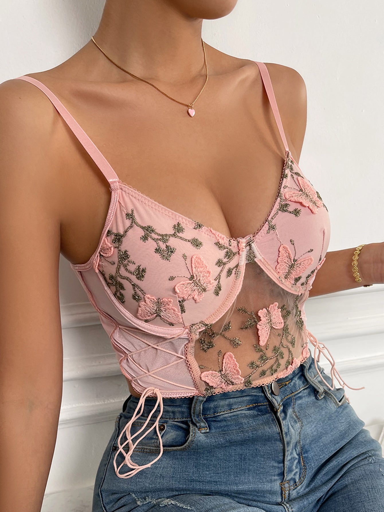 Butterfly Embroidery Mesh Bustier Top in Rose Pink
